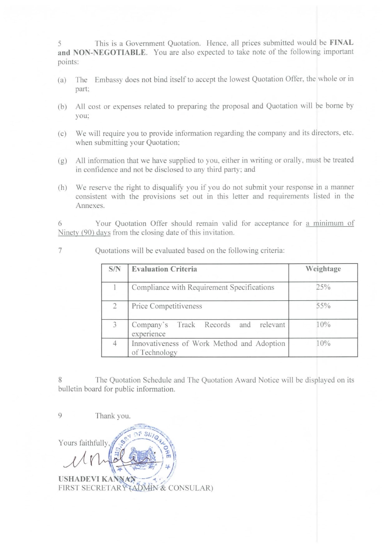 Text document with quotation terms, a table listing evaluation criteria, and a signature with an embassy stamp.